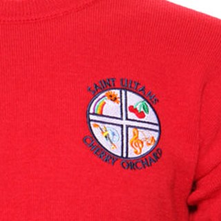 St Ultan's crest on the red school jumper
